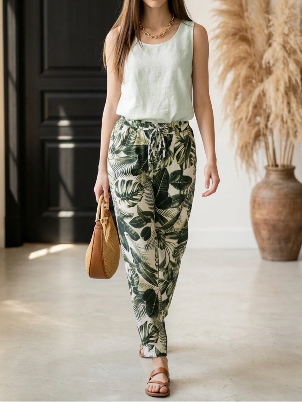 H&M Green Tropical Leaf Wide Leg Drawstring Pants